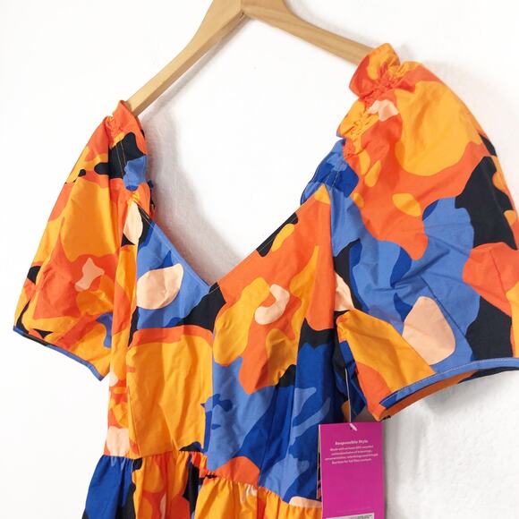 NWT Tabitha Brown Floral Print Puff-Sleeve Tie-Back Midi Dress Size 10 Cut Out - Picture 7 of 13